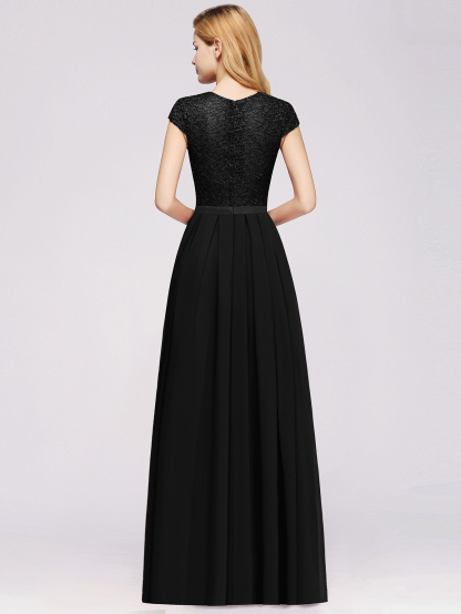 A-line Chiffon Crew Neck Capped Floor Length Bridesmaid Dress with Lace Hollowout