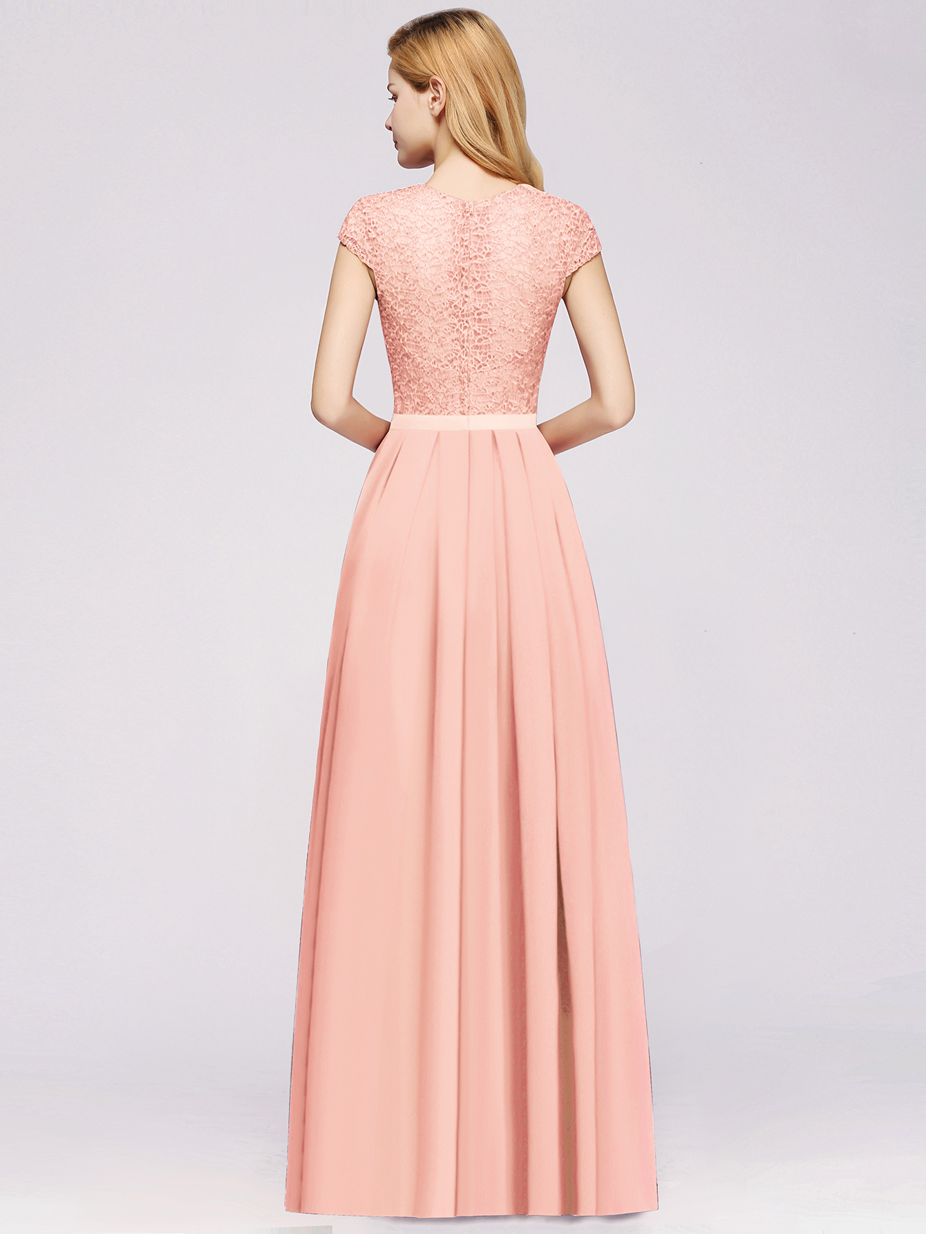 A-line Chiffon Crew Neck Capped Floor Length Bridesmaid Dress with Lace Hollowout