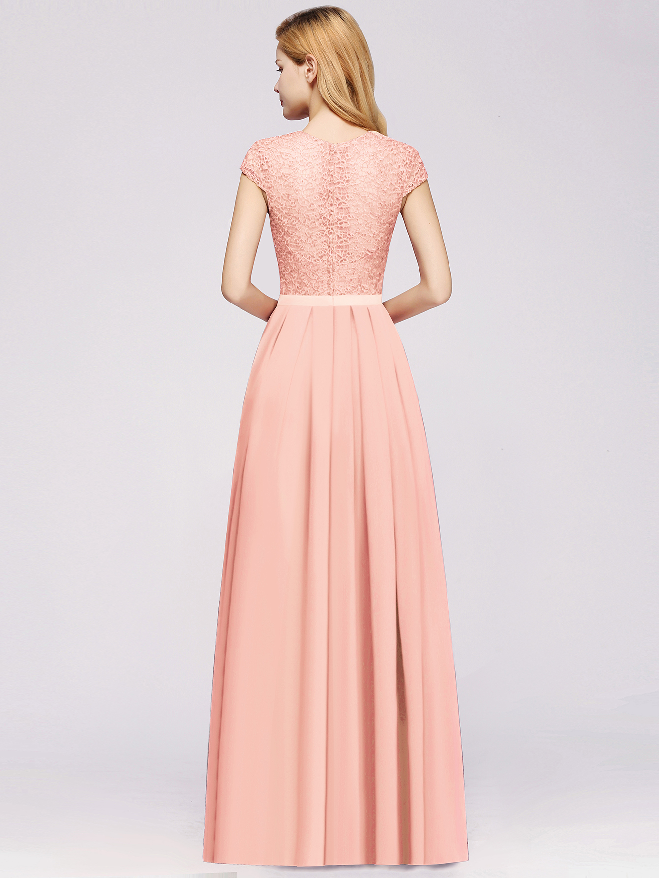 A-line Chiffon Crew Neck Capped Floor Length Bridesmaid Dress with Lace Hollowout