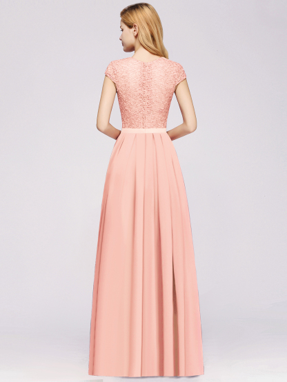 A-line Chiffon Crew Neck Capped Floor Length Bridesmaid Dress with Lace Hollowout