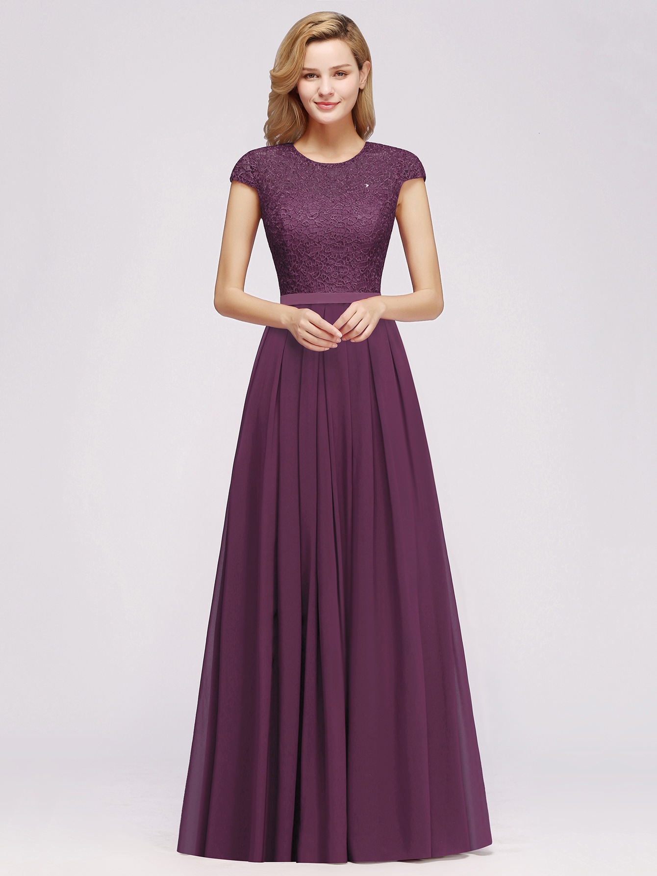 A-line Chiffon Crew Neck Capped Floor Length Bridesmaid Dress with Lace Hollowout