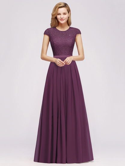 A-line Chiffon Crew Neck Capped Floor Length Bridesmaid Dress with Lace Hollowout