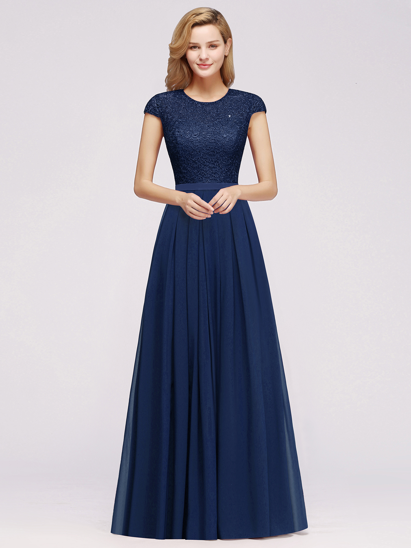 A-line Chiffon Crew Neck Capped Floor Length Bridesmaid Dress with Lace Hollowout