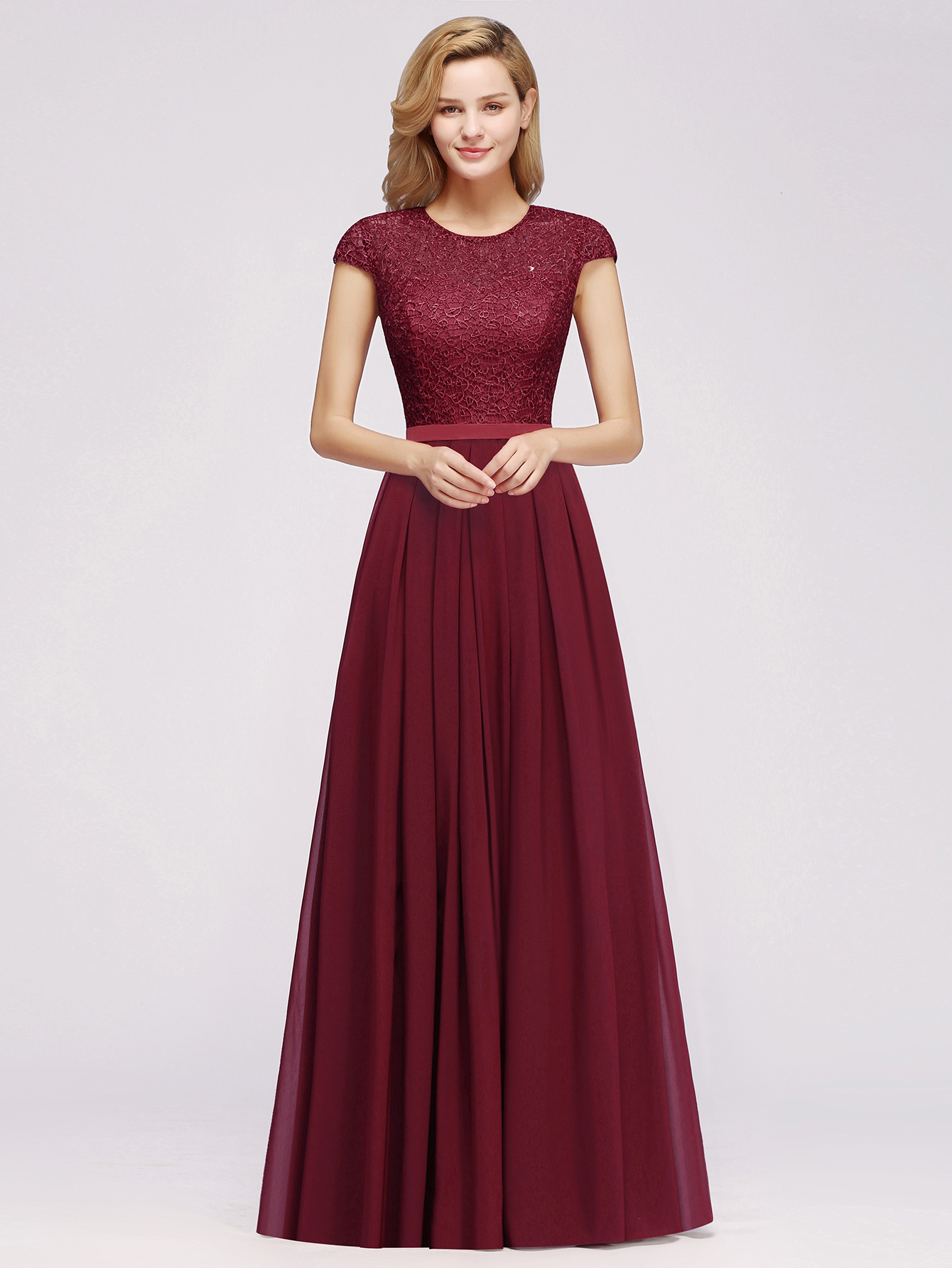 A-line Chiffon Crew Neck Capped Floor Length Bridesmaid Dress with Lace Hollowout