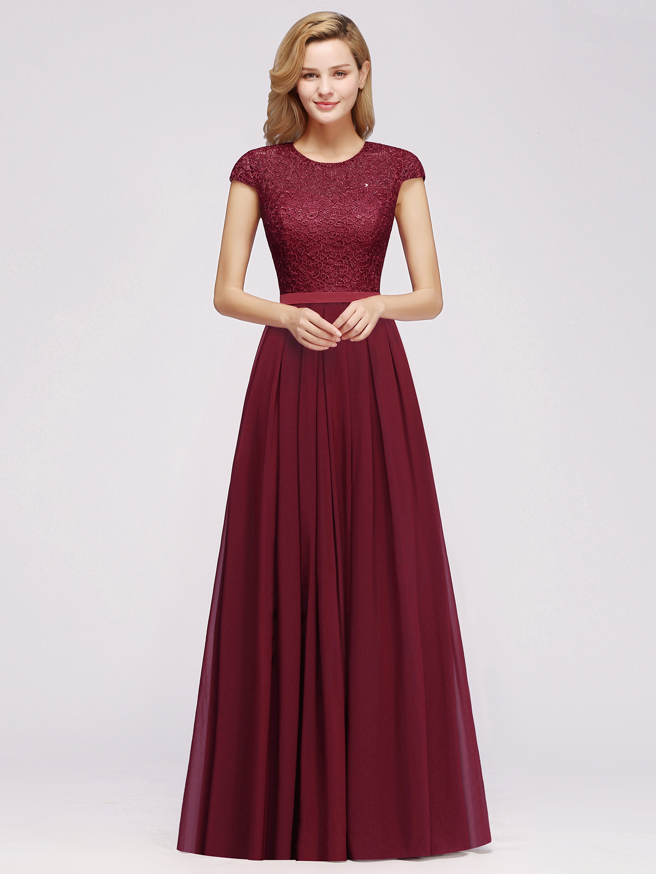 A-line Chiffon Crew Neck Capped Floor Length Bridesmaid Dress with Lace Hollowout