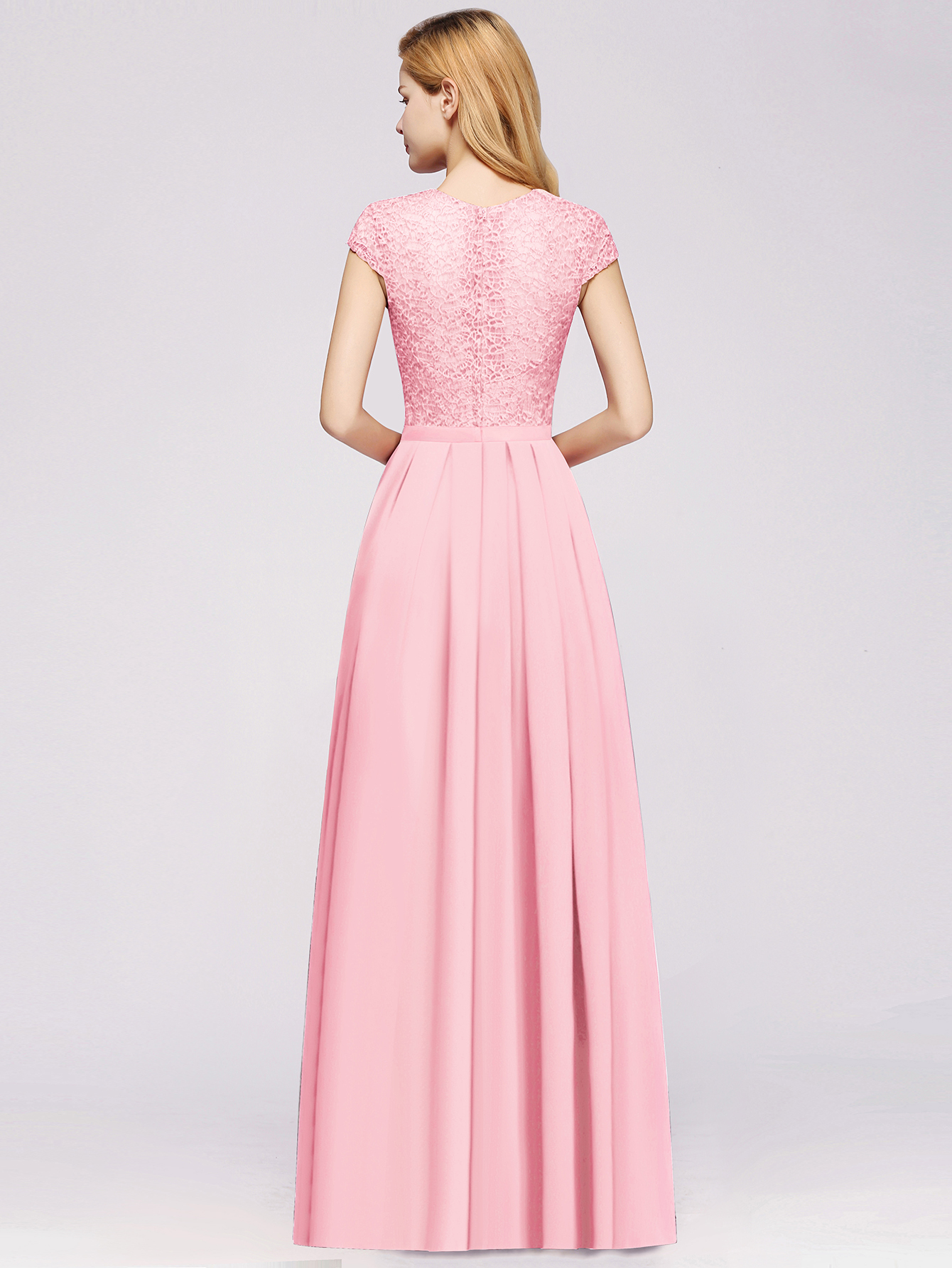 A-line Chiffon Crew Neck Capped Floor Length Bridesmaid Dress with Lace Hollowout