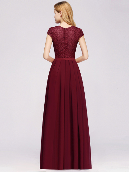 A-line Chiffon Crew Neck Capped Floor Length Bridesmaid Dress with Lace Hollowout