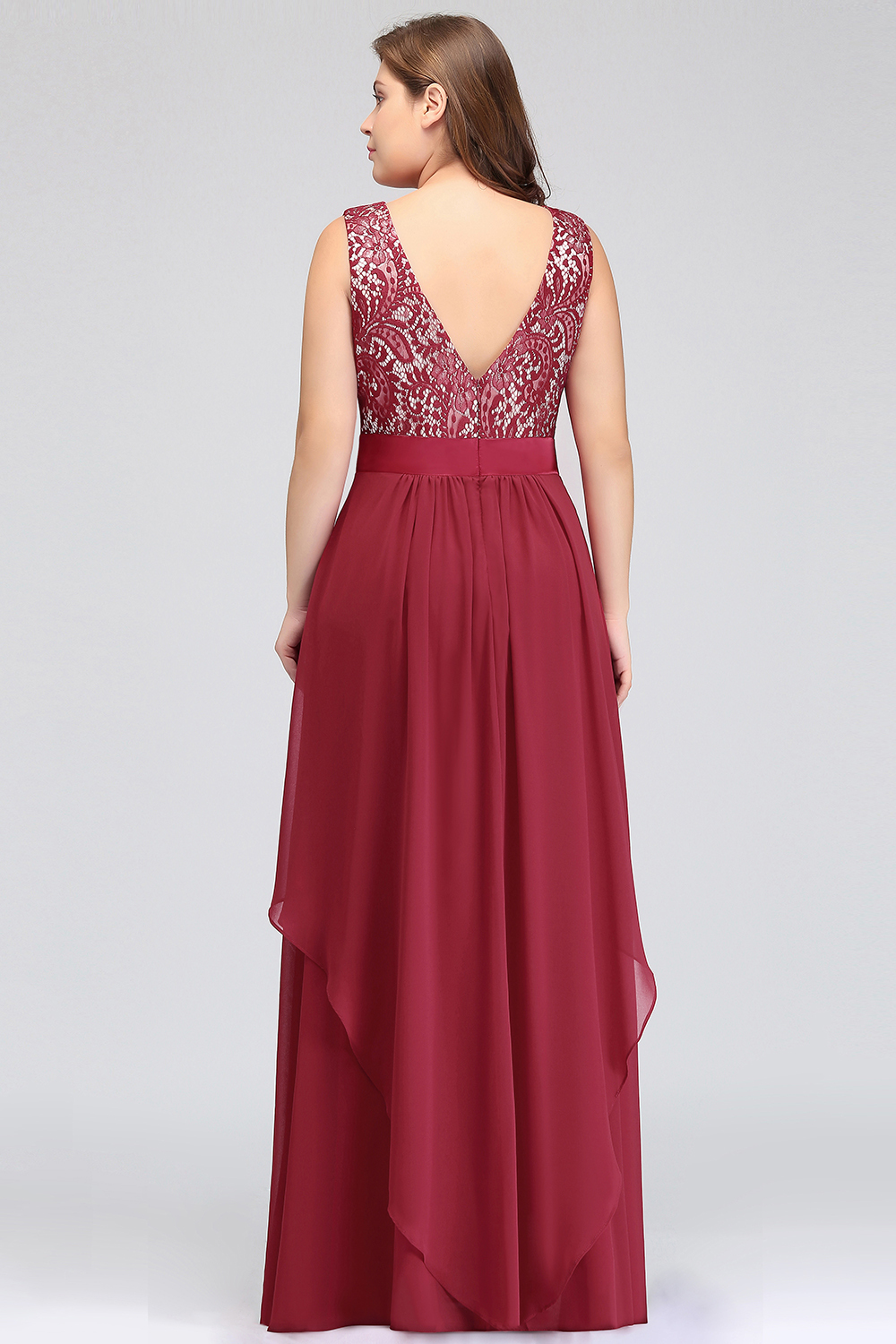 Plus Size A-line Scoop Neck Chiffon Long Formal Dress with Appliques Lace