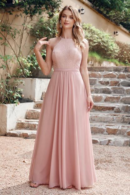 Elegant Halter Chiffon A-line Long Floral Lace Formal Evening Dress