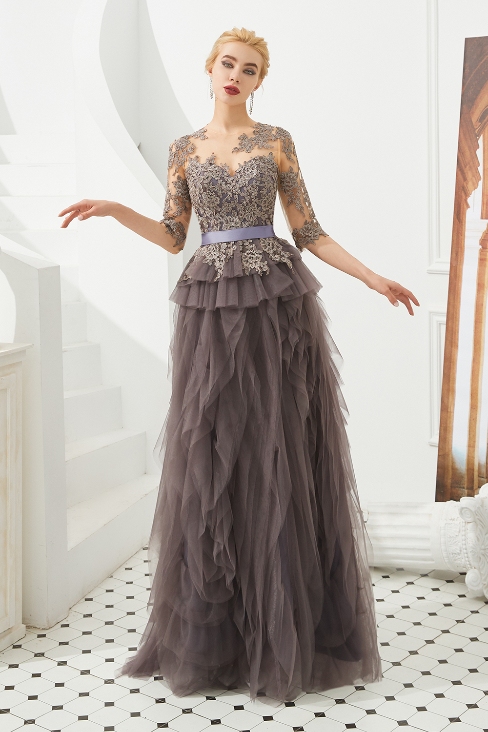Fabulous Long A-line Jewel Tulle Lace Tulle Prom Dress with Sleeves