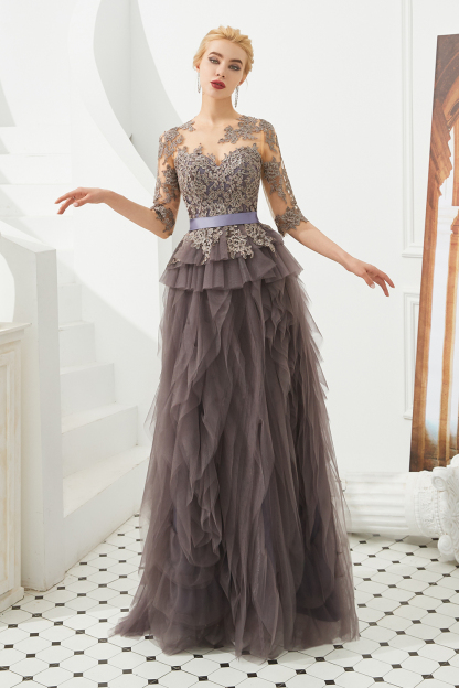 Fabulous Long A-line Jewel Tulle Lace Tulle Prom Dress with Sleeves