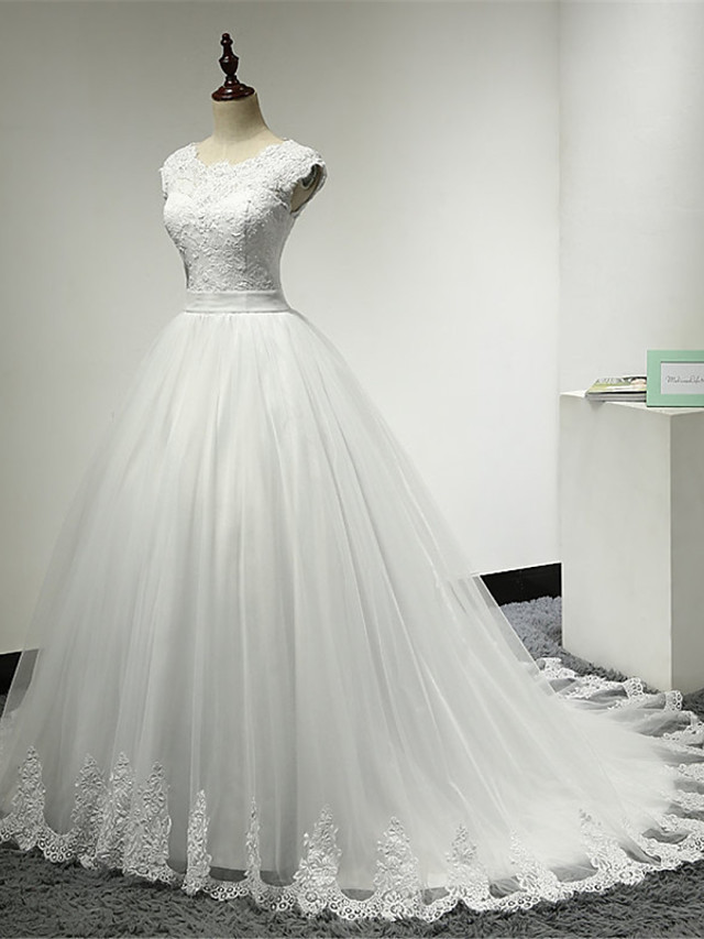 Long Ball Gown Scoop Neck Tulle Lace Cap Sleeve Wedding Dresses