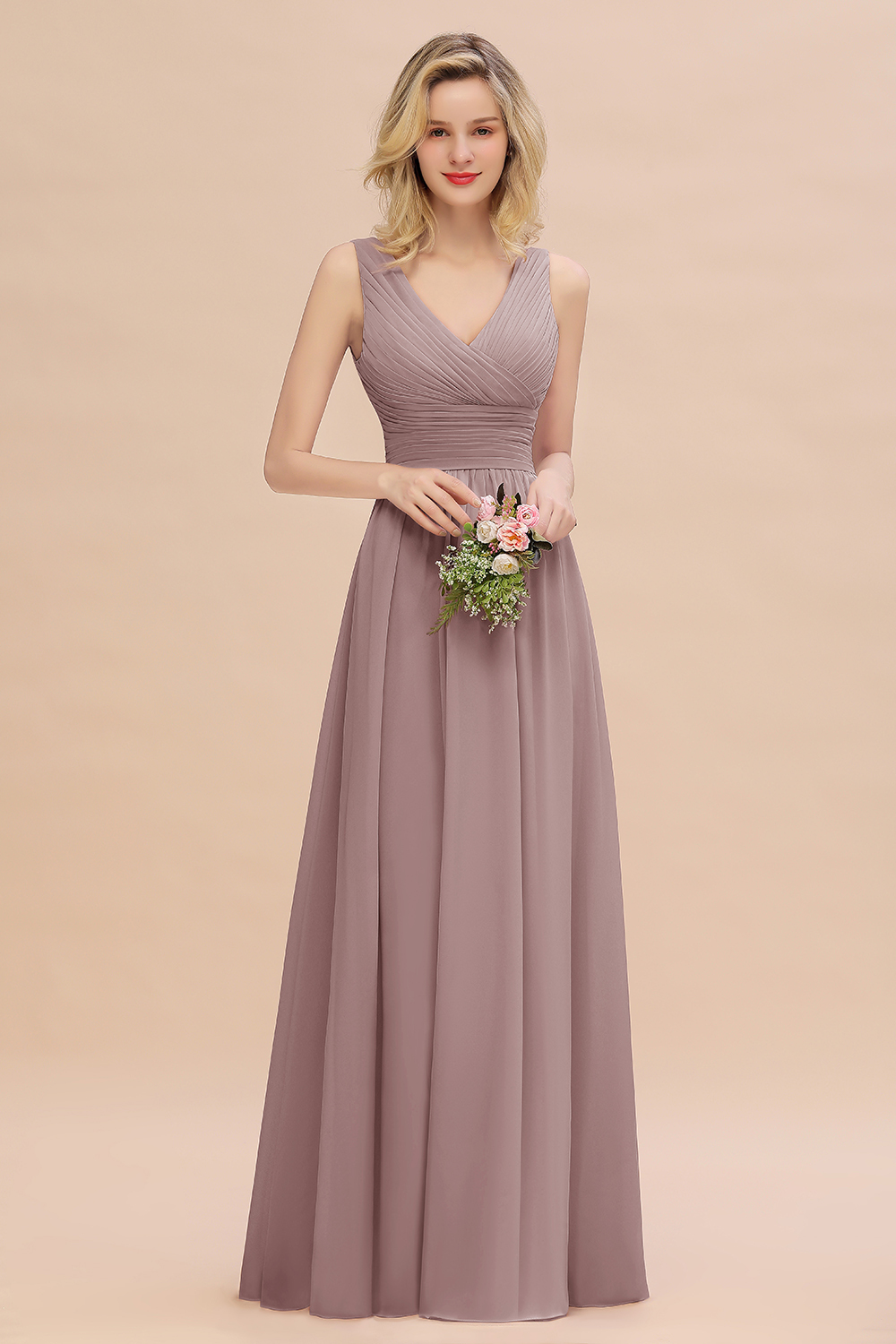 Elegant A-line V-Neck Ruffles Long Bridesmaid Dress
