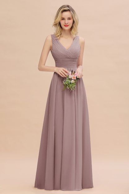 Elegant A-line V-Neck Ruffles Long Bridesmaid Dress