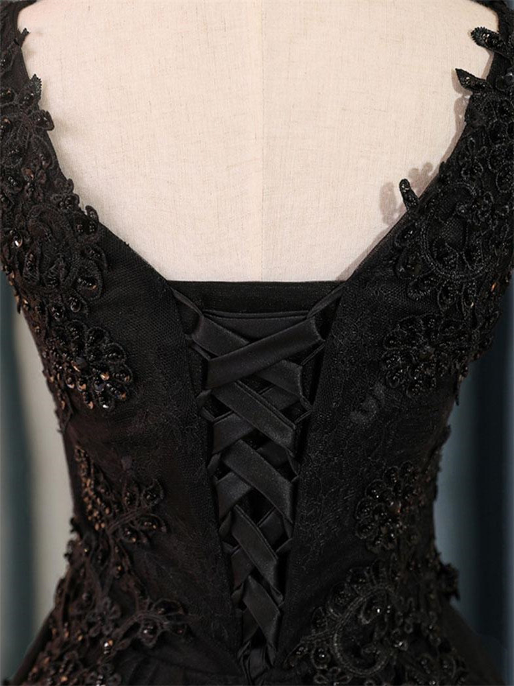 Attractive Black Appliques Lace Sequins Tulle Short A-line Prom Dress