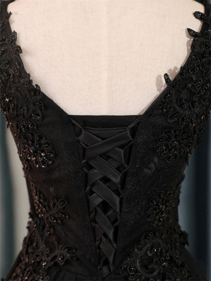 Attractive Black Appliques Lace Sequins Tulle Short A-line Prom Dress