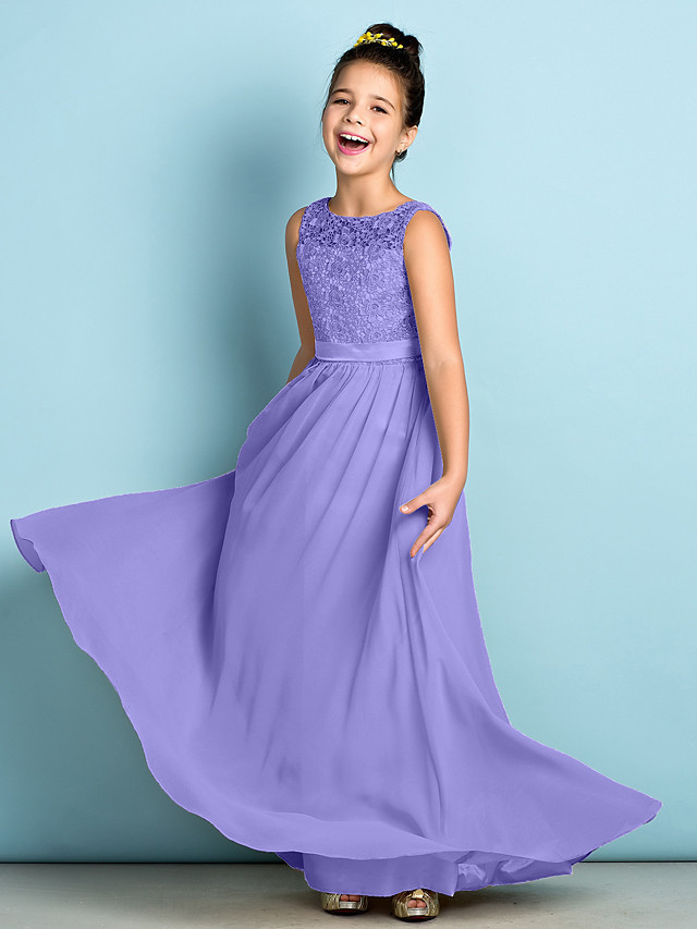 A-Line Scoop Neck Floor Length Chiffon / Lace Junior Bridesmaid Dress With Lace / Natural / Mini Me