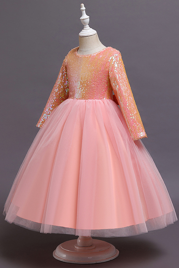 FS9969 Long Sleeve Sequins Tea Length Flower Girl Dress