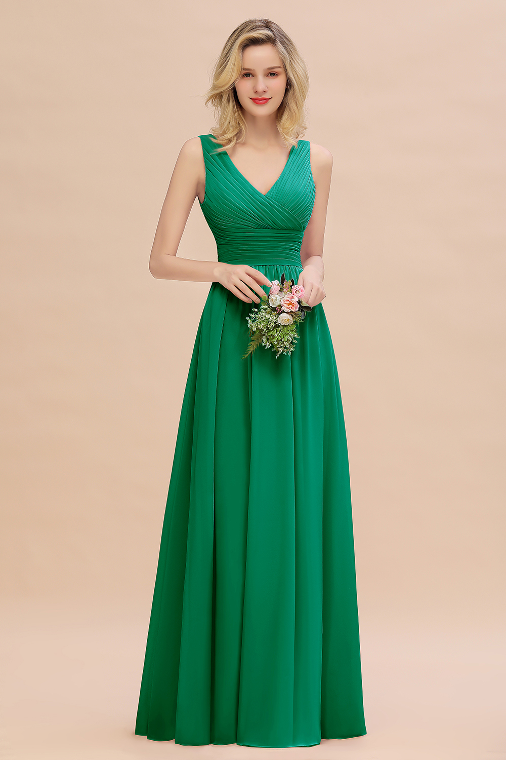 Elegant A-line V-Neck Ruffles Long Bridesmaid Dress