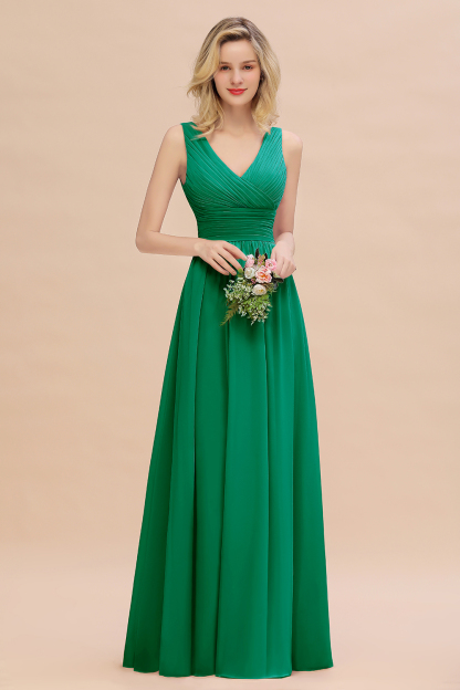 Elegant A-line V-Neck Ruffles Long Bridesmaid Dress