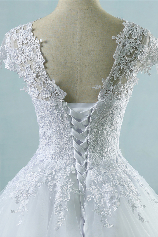 Appliques Cap Sleeve Tulle A-line Wedding Dress