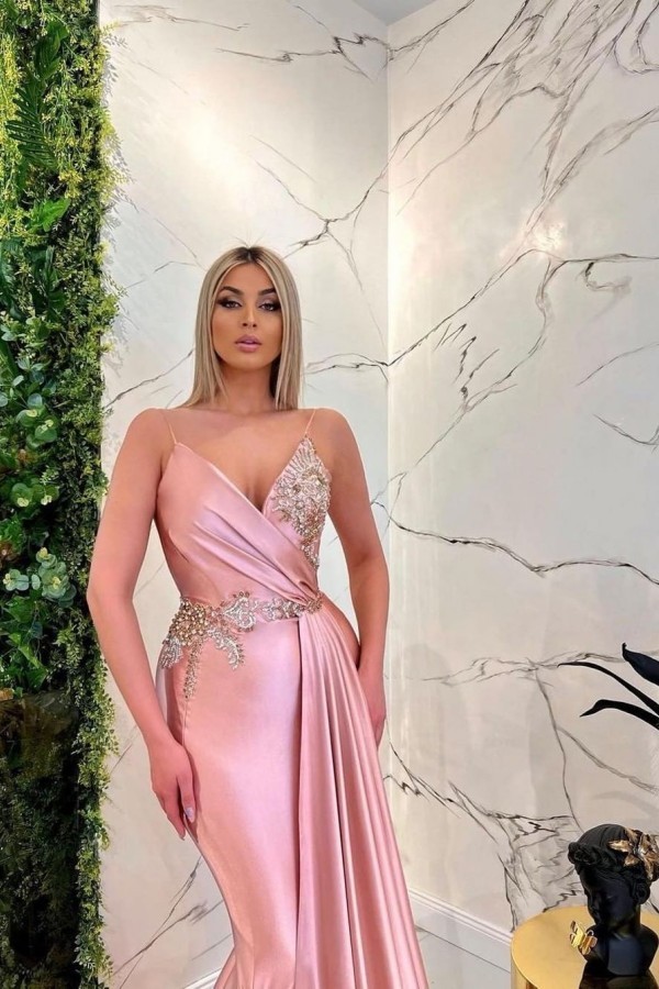 Sexy Pink Long Mermaid V-neck Spaghetti Straps Glitter Prom Dresses