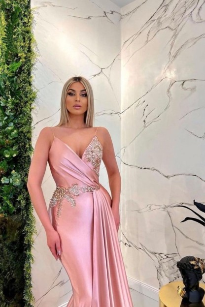 Sexy Pink Long Mermaid V-neck Spaghetti Straps Glitter Prom Dresses