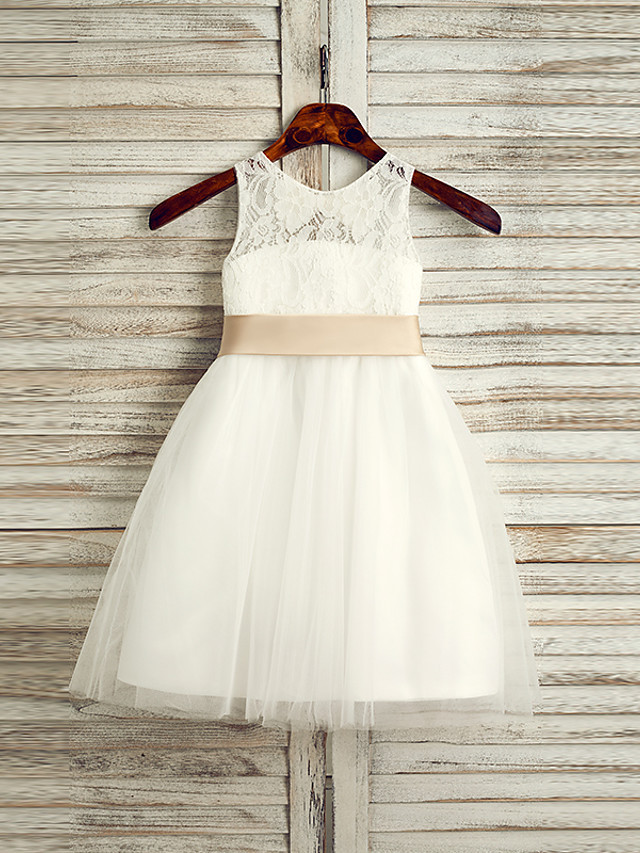 Princess Tea Length Wedding / First Communion Flower Girl Dresses - Lace / Tulle / Satin Chiffon Sleeveless Jewel Neck With Belt