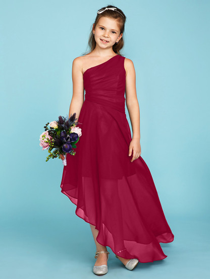 A-Line One Shoulder Asymmetrical Chiffon Junior Bridesmaid Dress With Side Draping / Wedding Party