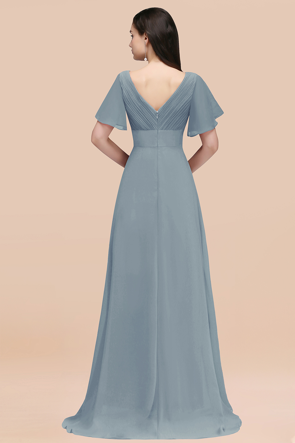 Simple A-Line Chiffon V-Neck Short-Sleeves Ruffles Floor-Length Bridesmaid Dresses