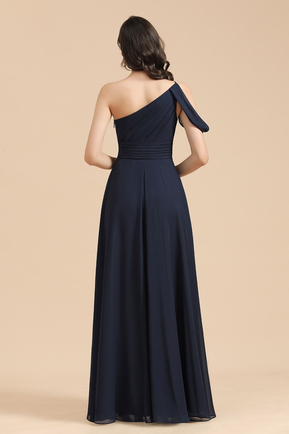 Long A-line Chiffon One Shoulder Bridesmaid Dress Dark Navy Wedding Party Dresses
