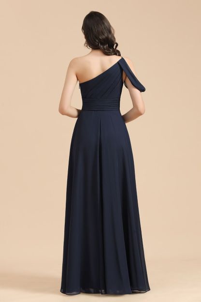 Long A-line Chiffon One Shoulder Bridesmaid Dress Dark Navy Wedding Party Dresses