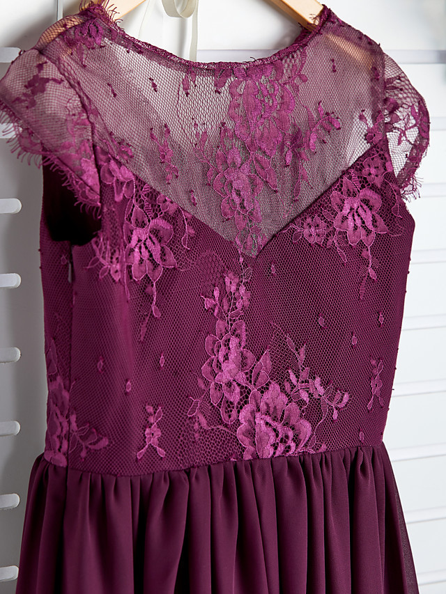 A-Line V Neck Maxi Chiffon / Lace Junior Bridesmaid Dress With Appliques