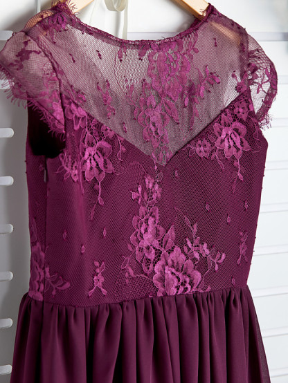 A-Line V Neck Maxi Chiffon / Lace Junior Bridesmaid Dress With Appliques