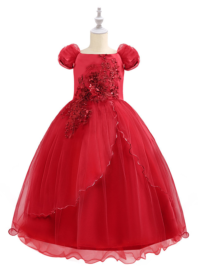 Princess Maxi Birthday / Pageant Flower Girl Dresses - Chiffon / Tulle Short Sleeve Boat Neck With Beading / Appliques / Paillette