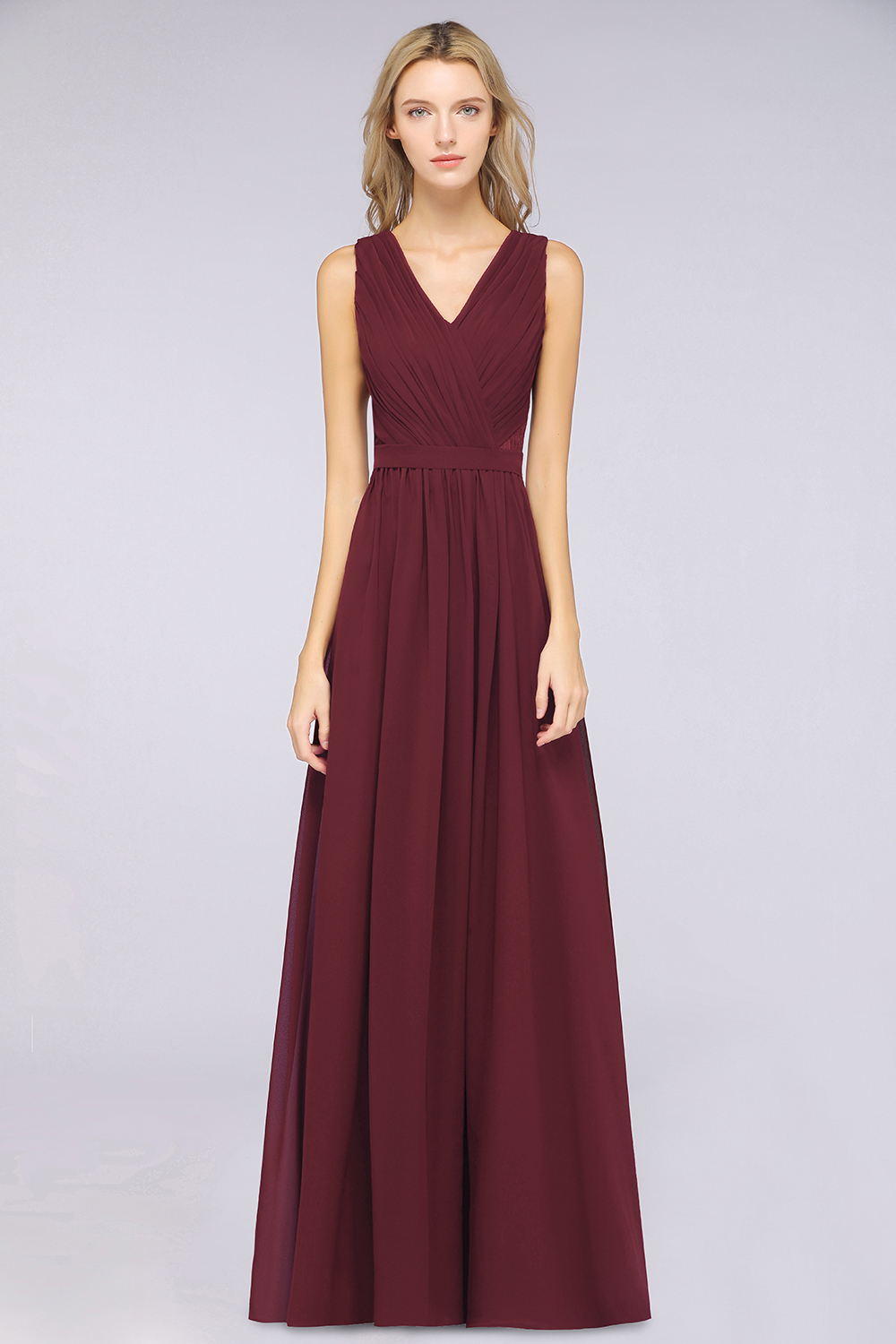 A-Line Chiffon Lace V-Neck Sleeveless Floor-Length Bridesmaid Dress with Ruffles