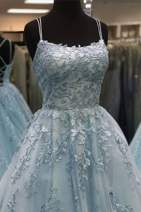Long A-line Spaghetti Straps Tulle Lace Open Back Prom Dresses