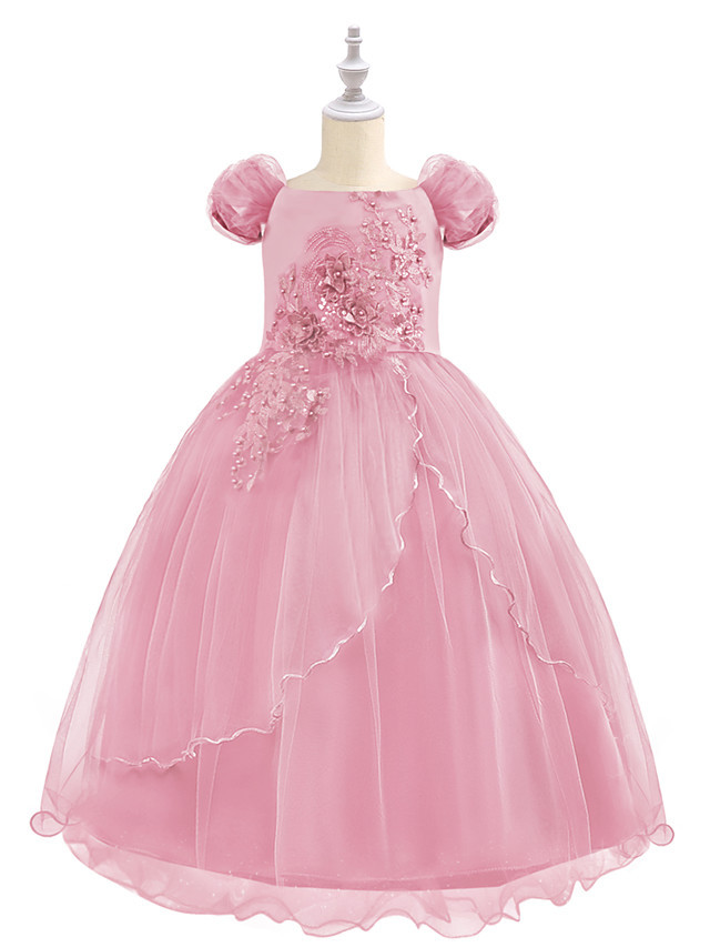 Princess Maxi Birthday / Pageant Flower Girl Dresses - Chiffon / Tulle Short Sleeve Boat Neck With Beading / Appliques / Paillette