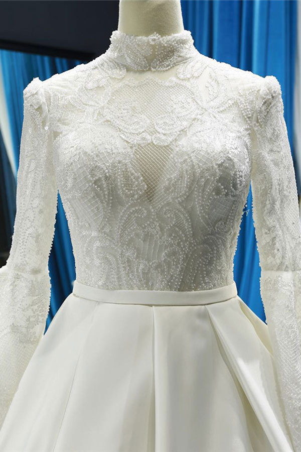 Elegant High Neck Long Sleeves Ball Gown Satin Wedding Dresses