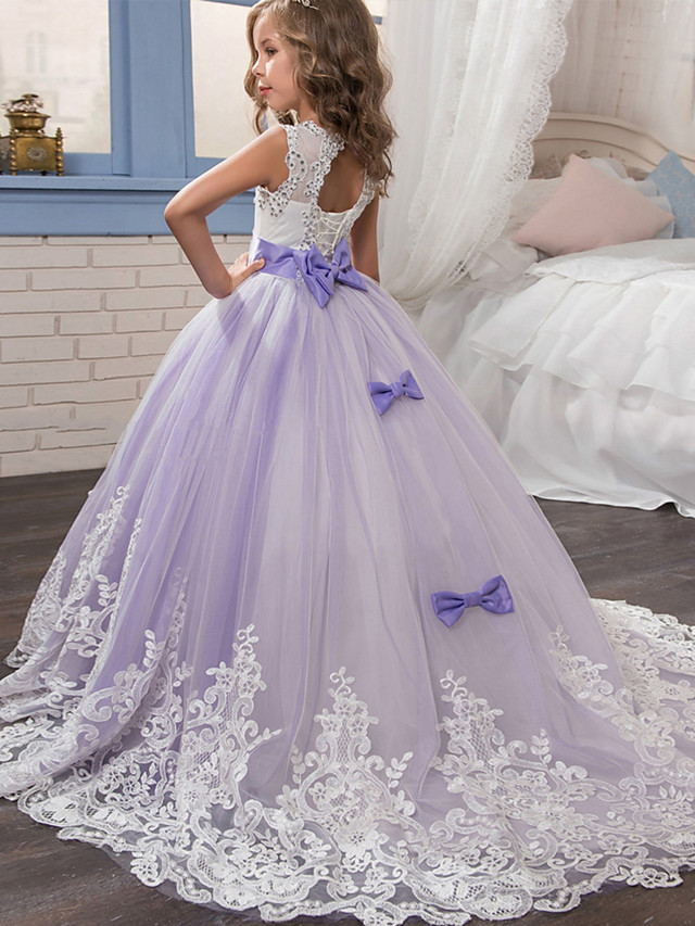 Princess Sleeveless Jewel Neck Pageant Flower Girl Dresses With Bow(S)