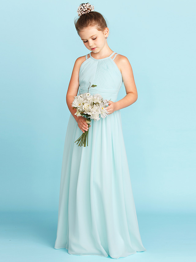 Princess / A-Line Jewel Neck Floor Length Chiffon Junior Bridesmaid Dress With Ruched / Side-Draped / Wedding Party / Open Back