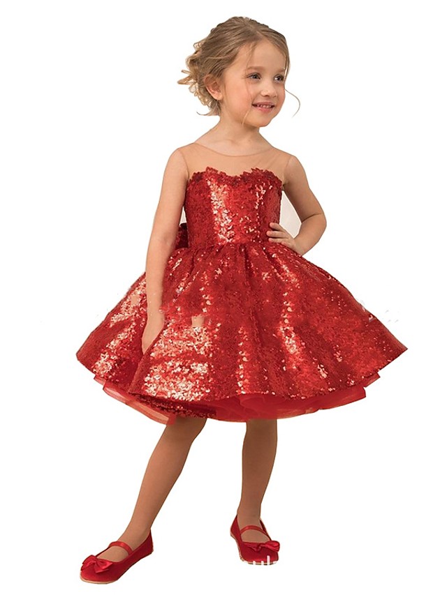 Cocosbride Red Ball Gown Tulle Sequin Sleeveless Flower Girl Dress without Train Front View