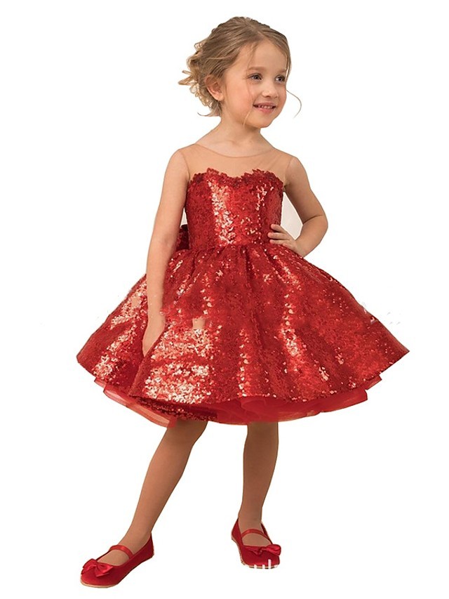 Cocosbride Red Ball Gown Tulle Sequin Sleeveless Flower Girl Dress without Train Front View
