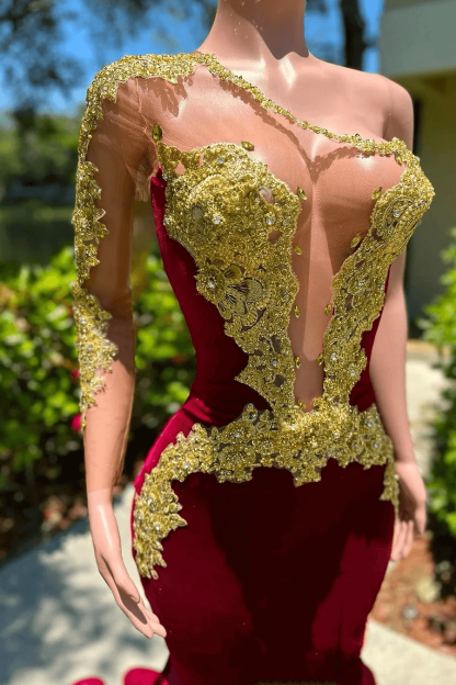 Long Mermaid V-Neck Appliques Lace Backless One Shoulder Velvet Formal Dress