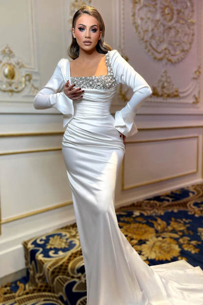 Square Neck Long Sleeve Mermaid White Satin Formal Dress with Beads