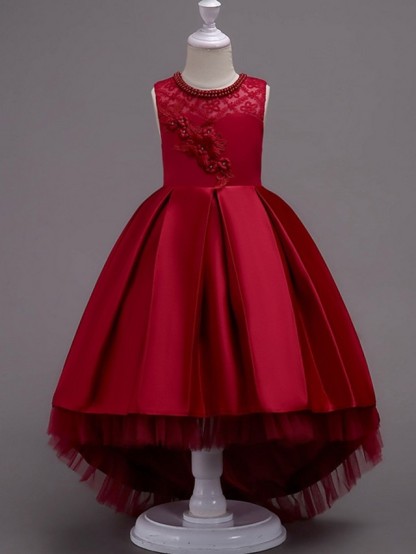 A-Line Asymmetrical Pageant Flower Girl Dresses - Satin Sleeveless Jewel Neck With Lace / Bow(S) / Beading