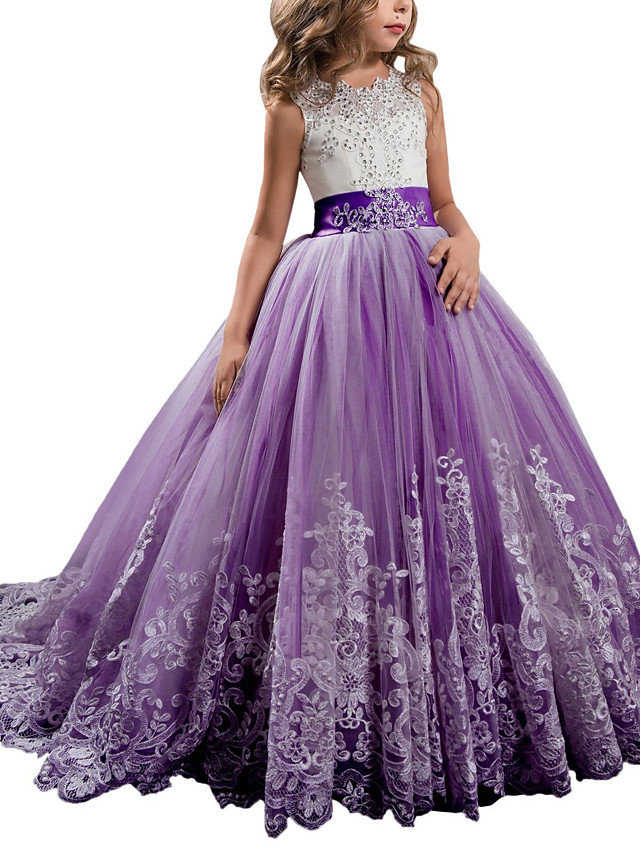 Princess Sleeveless Jewel Neck Pageant Flower Girl Dresses With Bow(S)