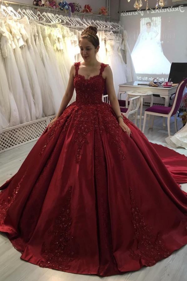 Long Ball Gown Sweetheart Spaghetti Straps Appliques Lace Satin Prom Dress