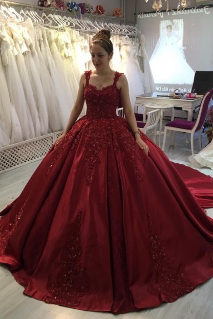 Long Ball Gown Sweetheart Spaghetti Straps Appliques Lace Satin Prom Dress