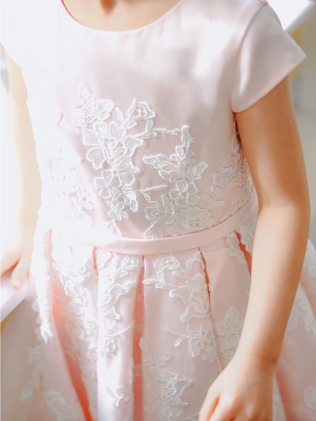 Ball Gown Tea Length Wedding / Birthday / Pageant Flower Girl Dresses - Lace / Satin Cap Sleeve Jewel Neck With Belt / Buttons / Appliques
